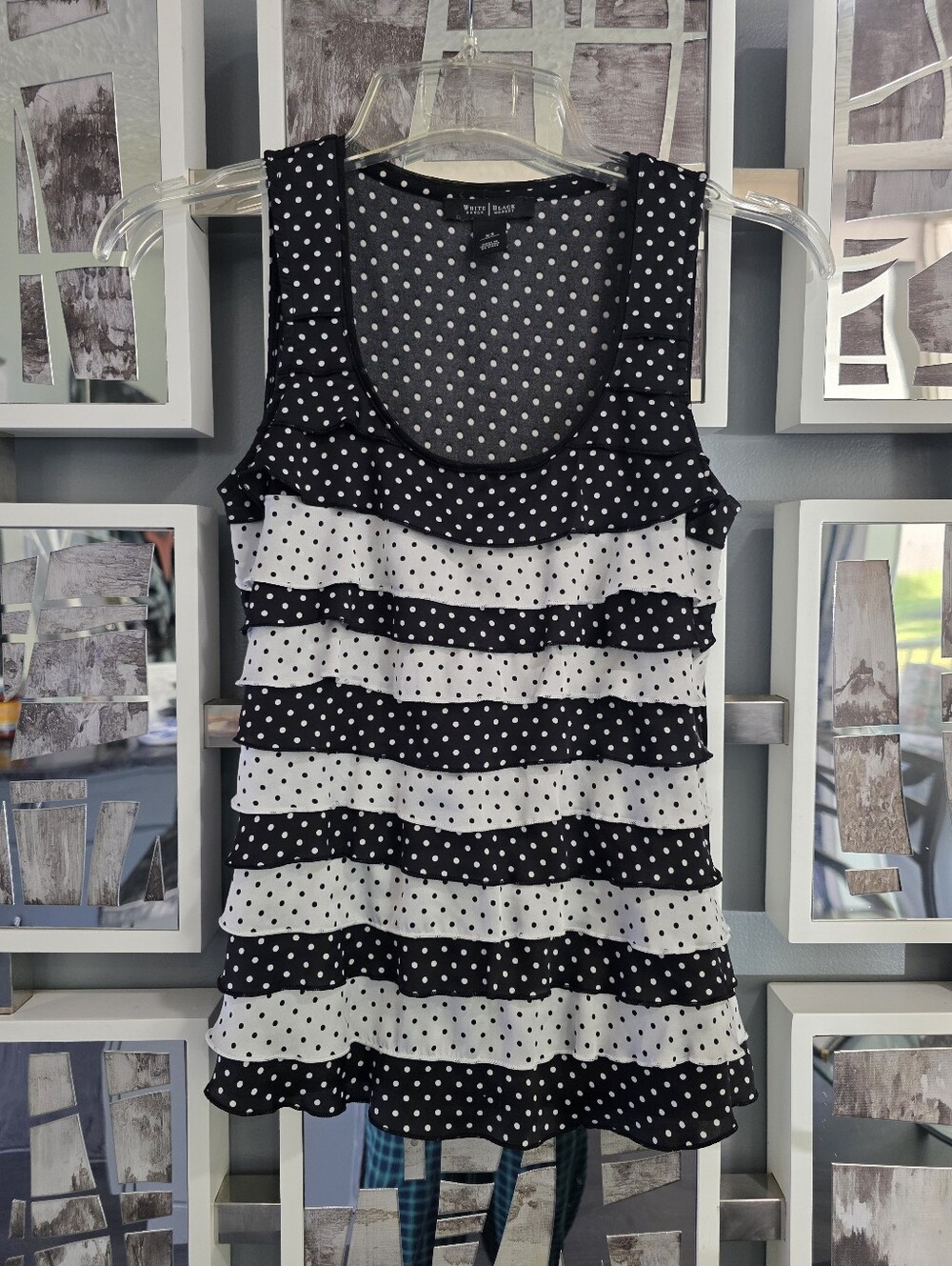 White House Black Market Black and White Polka Dot Ruffle Tank